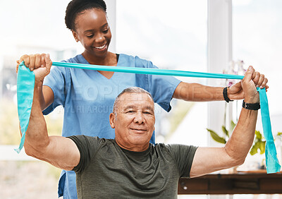 Buy stock photo Physiotherapy support, stretching band and nurse with senior man for physical therapy, rehabilitation and healthcare help. Black woman chiropractor or physiotherapy doctor consulting elderly patient