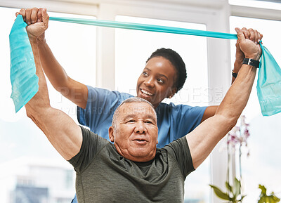 Buy stock photo Physiotherapy help, stretching band and doctor with senior man in physical therapy, rehabilitation or healthcare support. Black woman chiropractor or physiotherapist consulting elderly patient