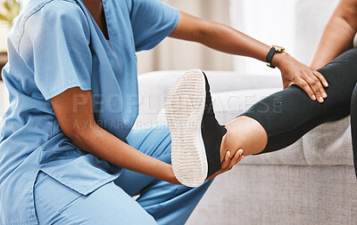 Buy stock photo Leg, physiotherapy and rehabilitation with a nurse and patient recovering from knee pain or injury. Disability, rehab and recovery with a healthcare professional examing the joint of a female at home