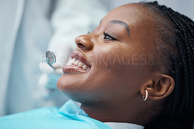 Buy stock photo Face, dental and black woman at dentist, orthodontics tools with teeth cleaning and smile for healthcare check. Health for mouth, teeth whitening and tooth decay with oral hygienist and gum disease