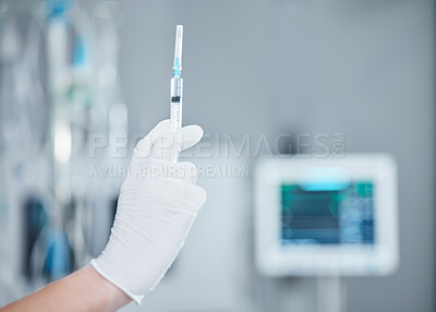 Buy stock photo Hospital, healthcare and hand of doctor with syringe, needle or vaccine injection for covid 19, monkeypox or disease mockup. Medical support, mock up and clinic nurse with science innovation medicine