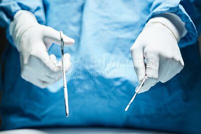 Buy stock photo Doctor hands, gloves and surgery tools in closeup for healthcare, wellness or hospital job. Medic, health expert or professional with scissor, scalpel or ppe for safety, medical job or work in clinic