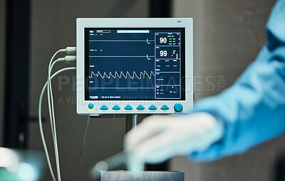 Buy stock photo Electrocardiogram monitor, hands of doctor with scalpel for surgery, healthcare or medical support. Zoom, screen or nurse hand in theater for trust, insurance or surgeon in hospital operation room 