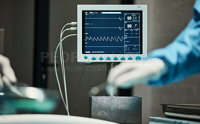 Buy stock photo Electrocardiogram monitor, hands of doctors with scalpel for surgery, healthcare or medical support. Zoom, screen or nurse hand in theater for trust, insurance or surgeon in hospital operation room 