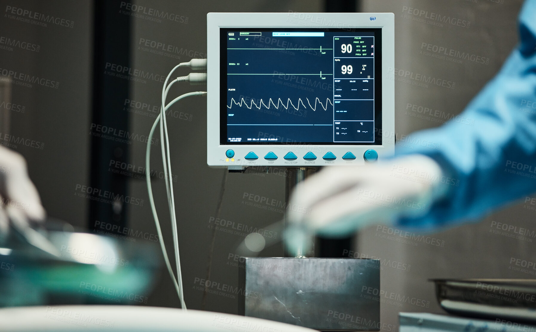 Buy stock photo Electrocardiogram monitor, hands of doctors with scalpel for surgery, healthcare or medical support. Zoom, screen or nurse hand in theater for trust, insurance or surgeon in hospital operation room 