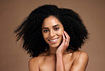 Face of black woman, beauty and skincare portrait with a smile, glow and happiness for clean skin on studio background. Aesthetic model with afro hair and dermatology, cosmetics and makeup results