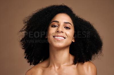 Buy stock photo Black woman, portrait and happiness for skincare wellness, natural curly hair care and cosmetics dermatology in brown background studio. African girl, smile and luxury self care beauty or body glow