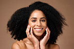 Black woman, portrait and smile with beauty, hands and cosmetic beauty with makeup, face or natural hair. Model, skin glow and facial cosmetics for self care, happy or afro by brown studio background