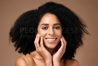 Buy stock photo Black woman, portrait and smile with beauty, hands and cosmetic health with makeup, face or natural hair. Model, skin glow and facial cosmetics for self care, happy or afro by brown studio background