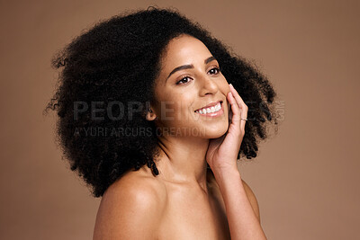Buy stock photo Black woman, studio and happy with beauty, makeup and cosmetic wellness with hands, face glow or afro hair. Model, soft skin and facial cosmetics, self care and self love by brown studio background
