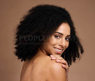 Buy stock photo Happy woman, afro or face skincare on studio background in self love hug, healthcare wellness or body dermatology. Smile portrait, beauty model or natural hairstyle, makeup cosmetic or manicure hands
