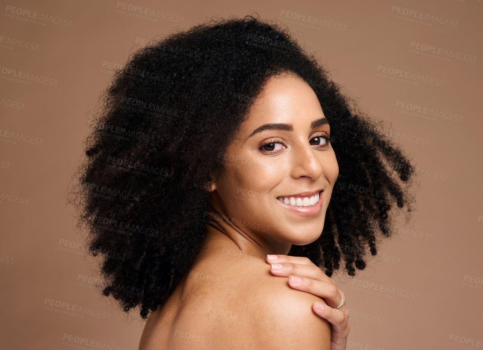Buy stock photo Afro woman, hand or face skincare on studio background in self love hug, healthcare wellness or body dermatology. Portrait, smile or beauty model with natural hairstyle, makeup cosmetic or manicure