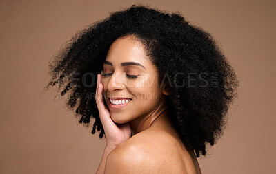 Buy stock photo Hair, afro beauty and happy black woman with natural cosmetics, facial makeup and luxury healthcare on studio background. Dermatology, spa salon and African model face with clean shampoo hair care