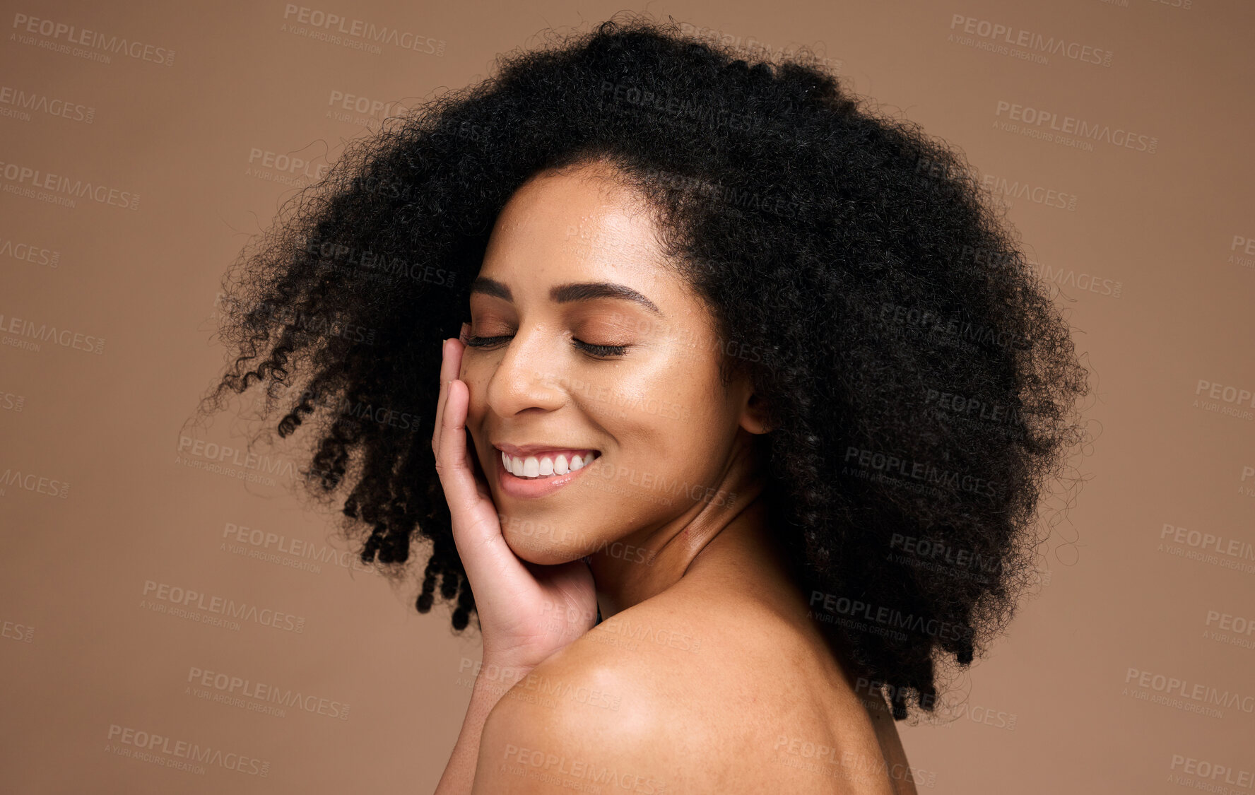 Buy stock photo Hair, afro beauty and happy black woman with natural cosmetics, facial makeup and luxury healthcare on studio background. Dermatology, spa salon and African model face with clean shampoo hair care