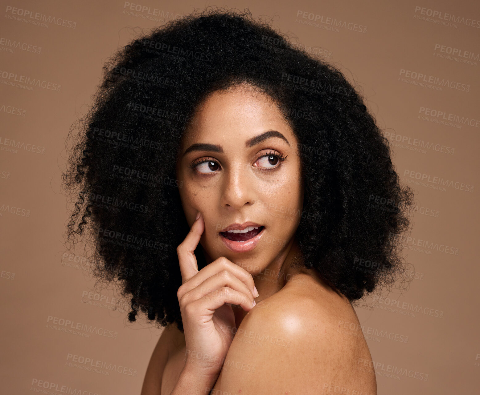 Buy stock photo Hair, beauty and black woman with hair care and surprise, wow and skincare with microblading, healthy skin and glow. Natural curly hair, hand and cosmetic care with facial against studio background