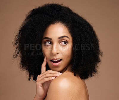 Buy stock photo Face, beauty skincare and thinking black woman in studio isolated on a brown background. Makeup, cosmetics and surprised or shocked young female model with idea for spa facial treatment and wellness.