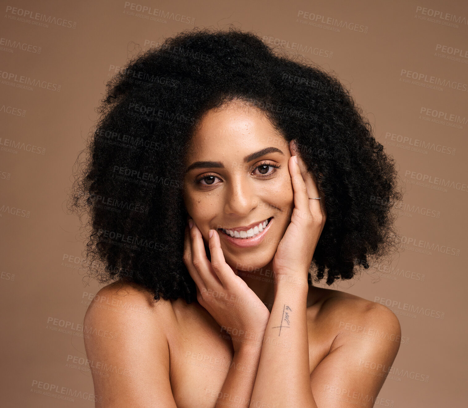 Buy stock photo Black woman, portrait and hands with smile, makeup or cosmetic wellness for beauty, face or natural hair. Model, skincare glow and happy, self care or self love with healthy afro by studio background