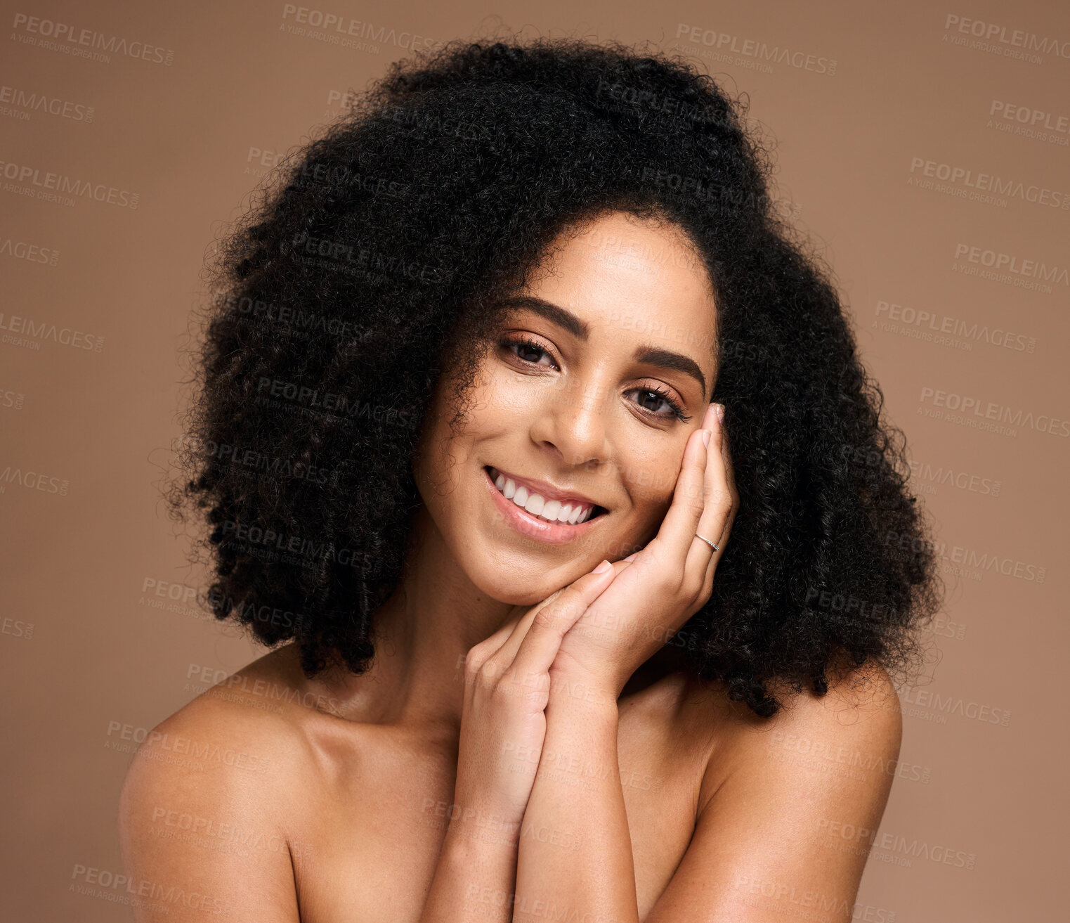 Buy stock photo Beauty, skincare and smile with portrait of black woman for facial, self care and luxury cosmetics. Spa, hair care and makeup with face of girl model for treatment, natural and wellness in studio