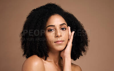 Face, beauty and hair care with black woman and hair, skincare portrait with microblading, healthy skin and glow mockup. Natural curly hair, hand and cosmetic care, facial against studio background