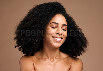 Buy stock photo African hair, afro and face of model girl happy with shampoo hair care, clean healthy hair or spa salon healthcare. Wellness, beauty and aesthetic black woman with skincare glow, makeup and cosmetics