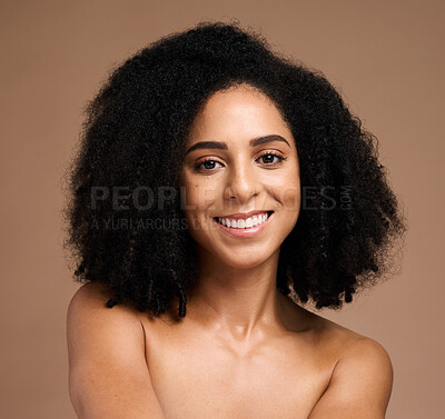 Face, beauty and black woman in portrait, smile with skincare, glow and natural cosmetics, hair care and microblading. Teeth, clean with facial, healthy skin and wellness against studio background