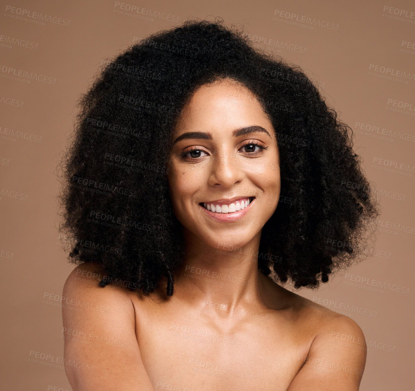 Buy stock photo Face, beauty and black woman in portrait, smile with skincare, glow and natural cosmetics, hair care and microblading. Teeth, clean with facial, healthy skin and wellness against studio background