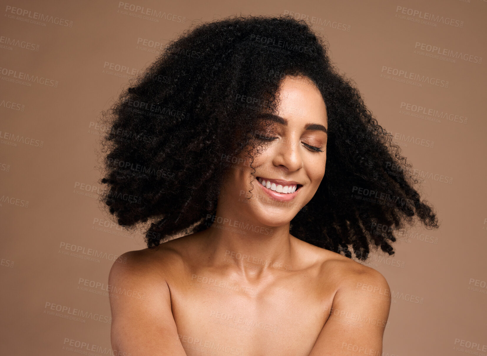 Buy stock photo Hair care, afro beauty and face of black woman with clean shampoo hair, healthy hair growth and spa salon healthcare. Wellness, cosmetology and African model with skincare glow, makeup and cosmetics