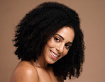 Face portrait, skincare and beauty of black woman in studio isolated on a brown background mockup. Cosmetics, makeup and smile of happy female model satisfied with spa facial treatment for wellness.