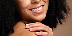 Dental, face beauty and teeth of black woman in studio isolated on a brown background. Makeup, skincare and cosmetics of happy female model with veneers, teeth whitening and invisalign for wellness.