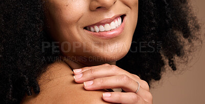 Buy stock photo Dental, face beauty and teeth of black woman in studio isolated on a brown background. Makeup, skincare and cosmetics of happy female model with veneers, teeth whitening and invisalign for wellness.