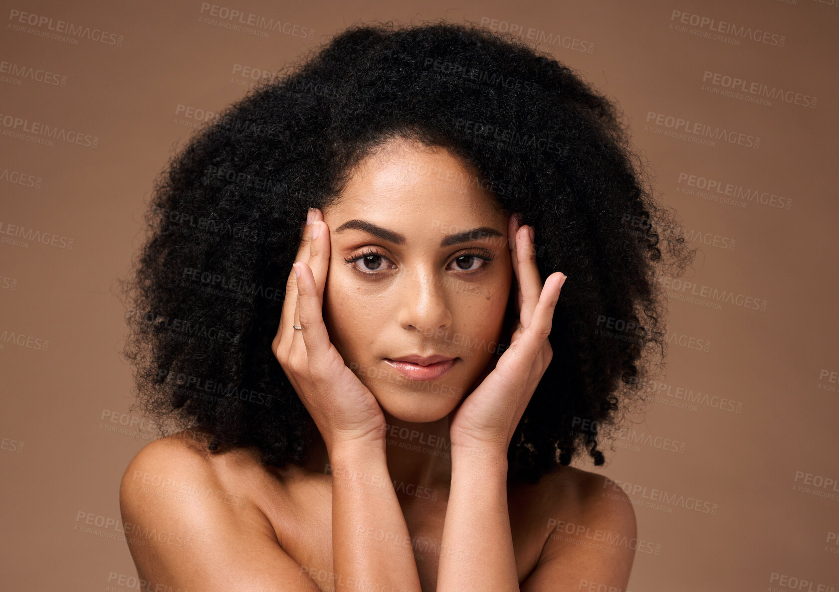 Buy stock photo Beauty skincare, face portrait and black woman in studio isolated on a brown background. Cosmetics, makeup and young female model with glowing, healthy and flawless skin after spa facial treatment.