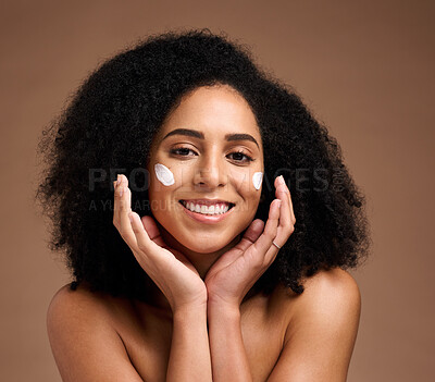 Buy stock photo Skincare, sunscreen and black woman in portrait for facial, beauty and cosmetics promotion of product in studio. Happy African model with skin care, dermatology and cream, hands and face for wellness