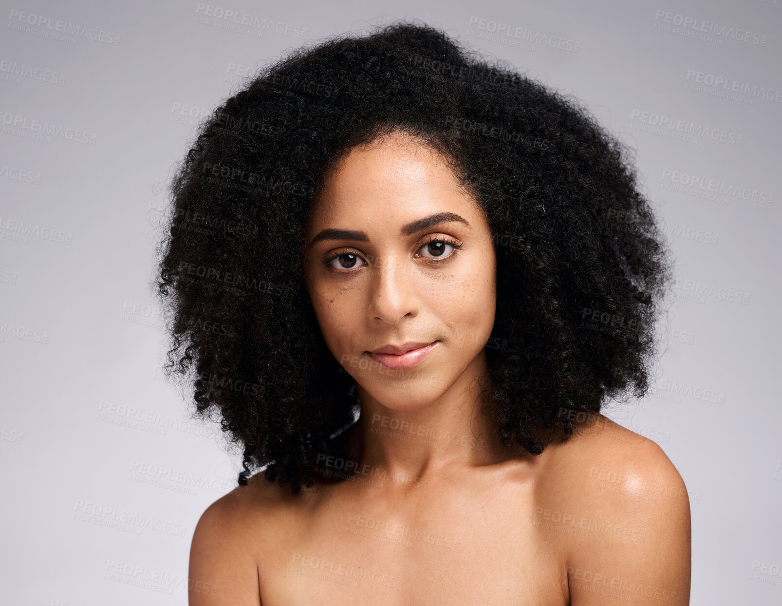 Buy stock photo Beauty, natural and portrait of hair care black woman with healthy skincare and afro texture. African hair grooming cosmetics model face with beautiful skin glow in gray studio background.

