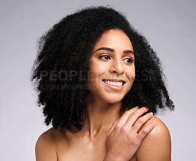 Buy stock photo Beauty, hair and happy black woman with afro hair care, clean shampoo routine and natural facial cosmetics. Wellness, dermatology healthcare and aesthetic model face with makeup, beauty and skincare