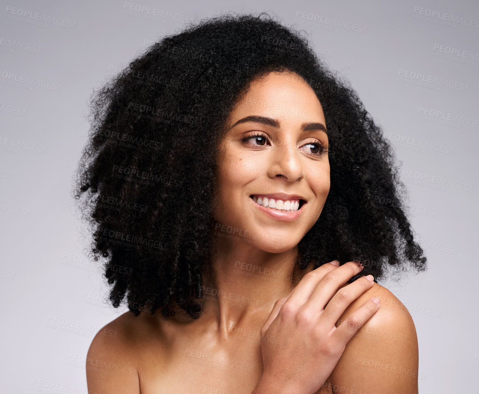 Buy stock photo Beauty, hair and happy black woman with afro hair care, clean shampoo routine and natural facial cosmetics. Wellness, dermatology healthcare and aesthetic model face with makeup, beauty and skincare