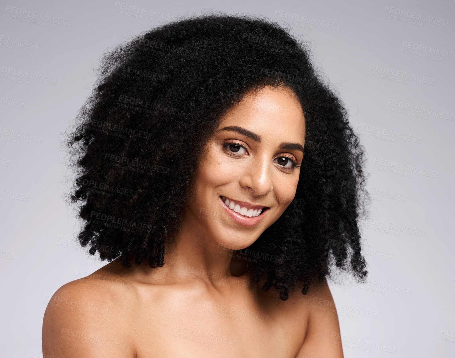 Buy stock photo Wellness, beauty and portrait of black woman in studio for skincare, healthy skin and spa aesthetic. Dermatology, makeup and face of happy girl for cosmetics, beauty products and facial treatment