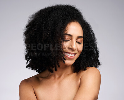 Buy stock photo African hair, afro and face of model happy with spa salon hair care, clean hair growth or shampoo healthy hair. Luxury healthcare, dermatology and aesthetic black woman with skincare cosmetics makeup