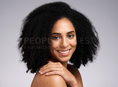 Buy stock photo Skincare, beauty and portrait of black woman on gray background for wellness, healthy and glowing skin. Dermatology, aesthetic and face of girl spa cosmetics, beauty products and facial treatment
