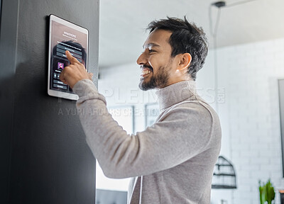 Buy stock photo Smart home technology, wall system or man with digital dashboard screen for room lighting, safety security network or house automation. AI software app, ui panel or profile of person with IOT monitor