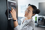 User interface, technology and Asian woman with security password in office, workspace and building. Biometrics, digital ui and female worker typing on ai system, tablet and cyber security software