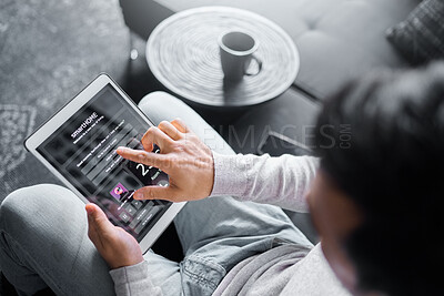 Buy stock photo Tablet, sofa or man with smart home system for air conditioning, safety security network or house automation. AI software app, digital dashboard or top view of person programming interactive IOT tech