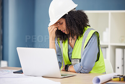Buy stock photo Engineer, stress and black woman in office, laptop and anxiety for deadline, planning and financial crisis. Business, African American female and architect frustrated, headache or burnout for project