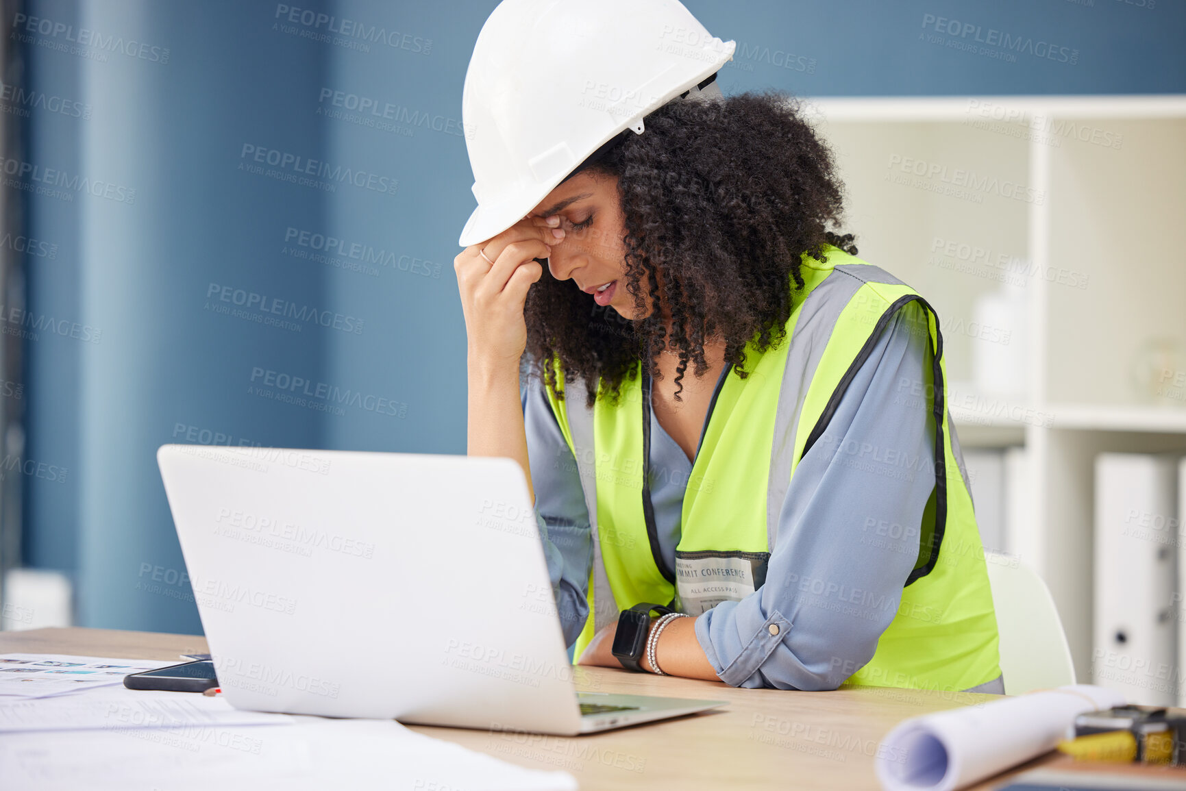 Buy stock photo Engineer, stress and black woman in office, laptop and anxiety for deadline, planning and financial crisis. Business, African American female and architect frustrated, headache or burnout for project