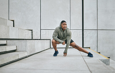 Buy stock photo Stretching, black man in the city for fitness, body training and morning motivation in New Zealand. Warm up, health exercise and African runner thinking of outdoor cardio workout idea