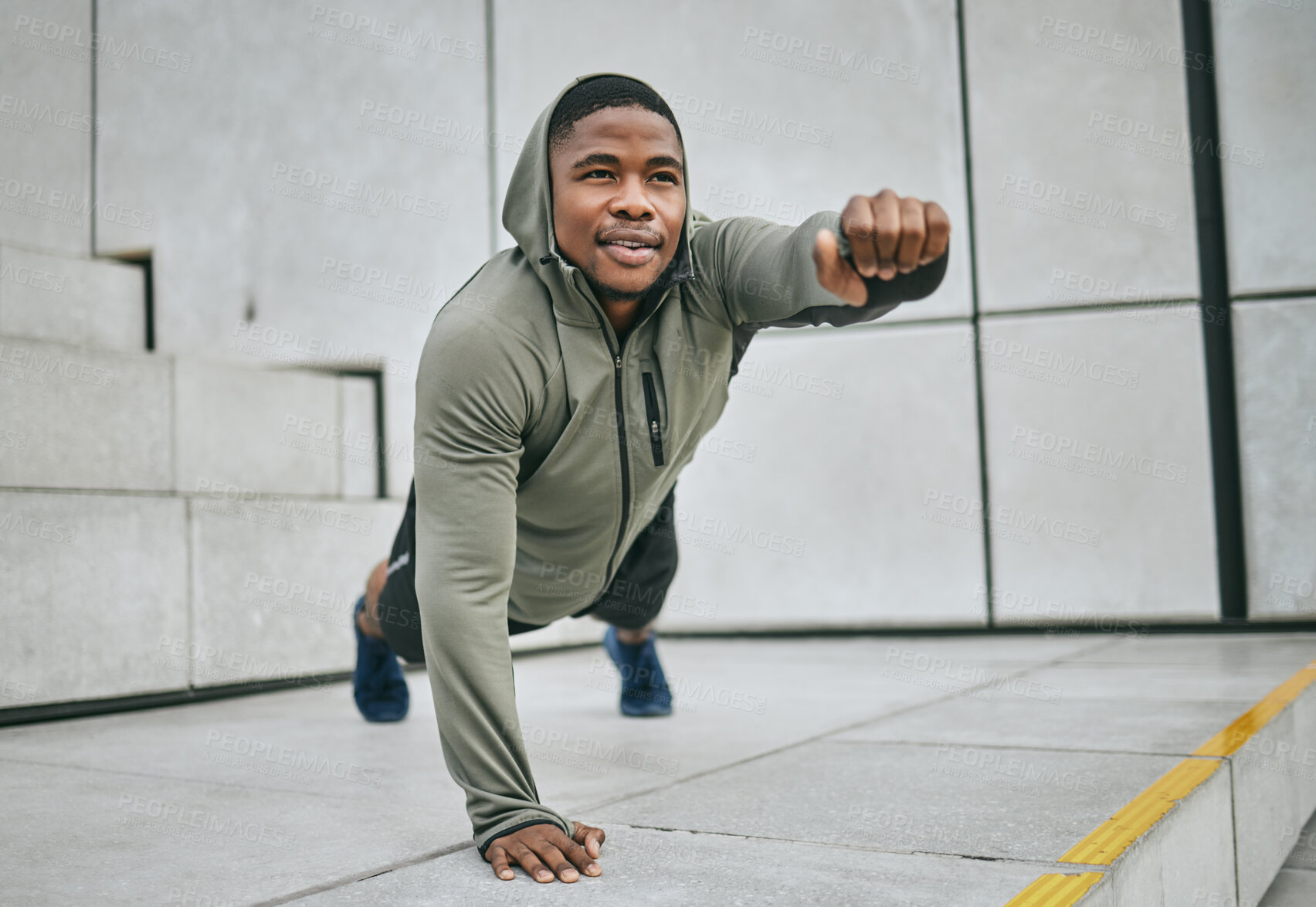 Buy stock photo Fitness, plank and black man training in the city for a body goal, morning workout and urban cardio in Morocco. Exercise, strong and African man with sports vision, balance and strength training