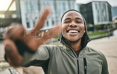 Buy stock photo Fitness, selfie and portrait of a black man with peace sign in the city doing a cardio exercise. Happy, smile and real African guy taking picture while running for sports, race or marathon training.