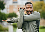 Fitness, stretching and black man in park for workout, training or running motivation, energy and sports portrait. Warmup, exercise and runner face with cardio, outdoor run goals and muscle health