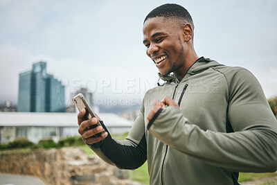 Buy stock photo Fitness, winner or black man on phone with success or winning a training, exercise or workout competition online. City, excited or healthy sports athlete happy with sponsorship deal, goals or mission