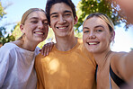 Selfie, park and portrait of friends in summer enjoying holiday, vacation and weekend in nature. Freedom, happy lifestyle and group taking photo outdoors together for relaxing, adventure and carefree