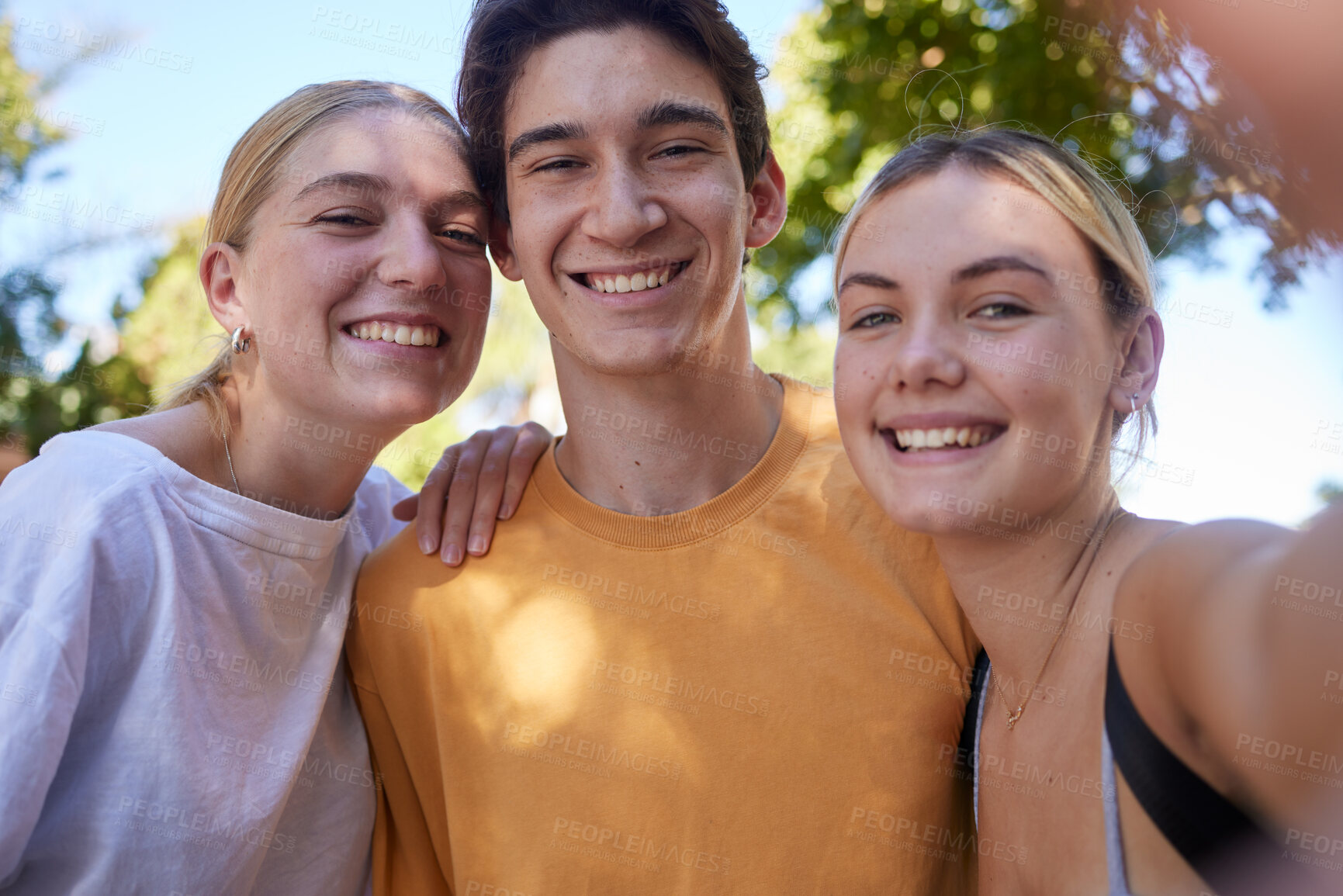 Buy stock photo Selfie, park and portrait of friends in summer enjoying holiday, vacation and weekend in nature. Freedom, happy lifestyle and group taking photo outdoors together for relaxing, adventure and carefree